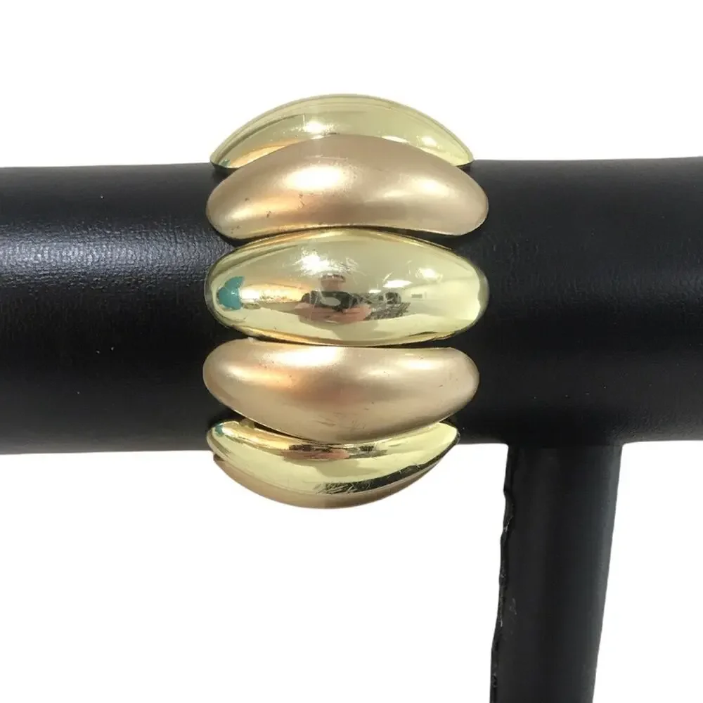 Costume Jewelry Stretch Bracelet Alternating Shiny and Matte Gold 2” Wide